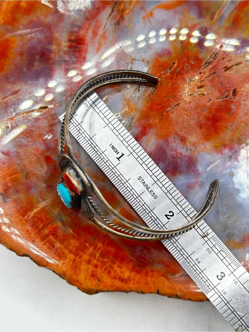 Southwest Sterling Silver Bangle Bracelet / Cuff, turquoise and coral stones